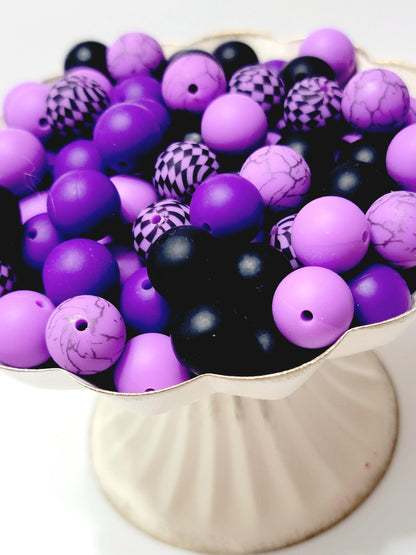15mm Printed Purple & Black Checkered Mix Silicone Beads (Set of 8) – Purple Mix Round Beads for Pens & Wristlets