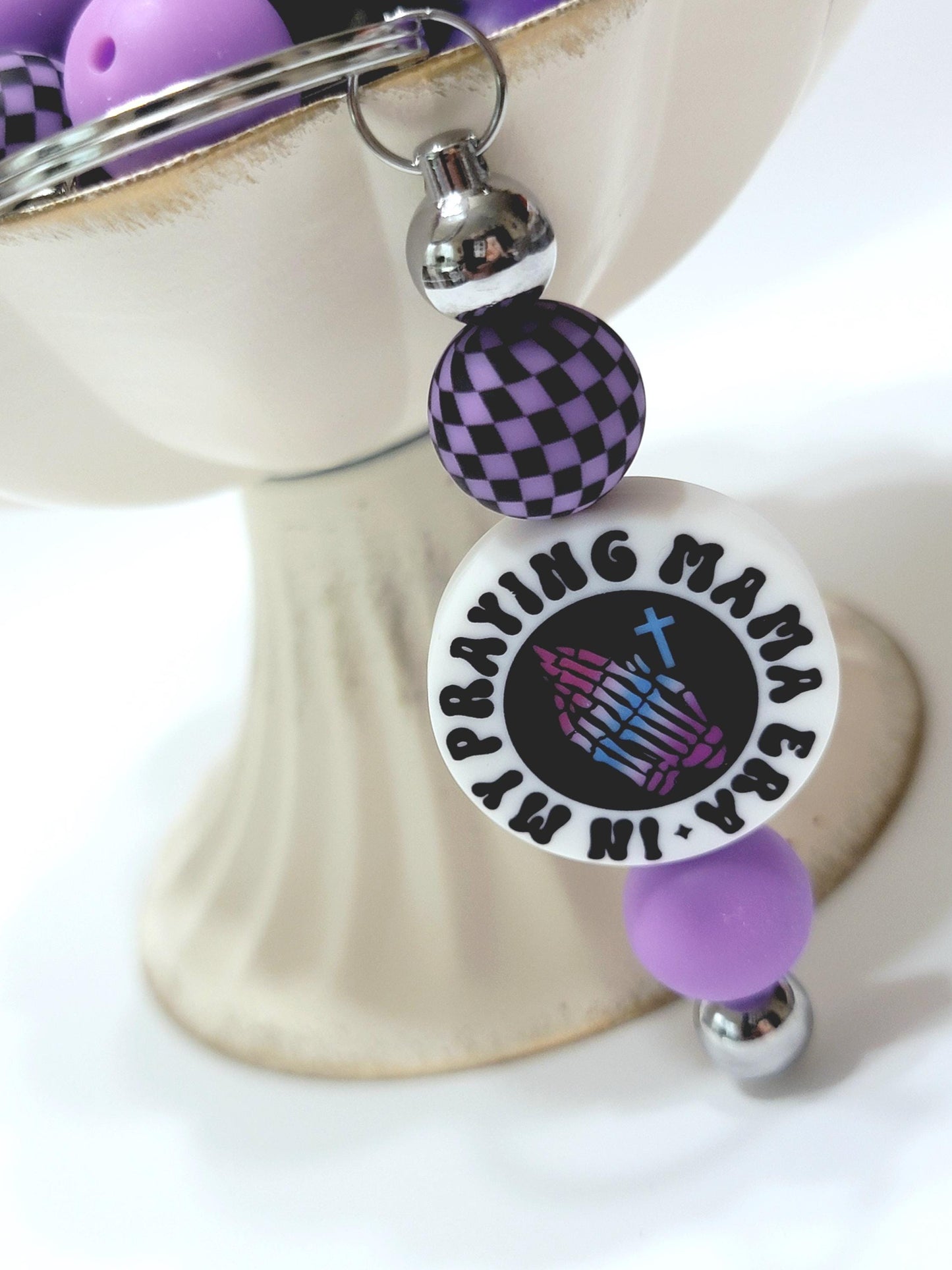 15mm Printed Purple & Black Checkered Mix Silicone Beads (Set of 8) – Purple Mix Round Beads for Pens & Wristlets