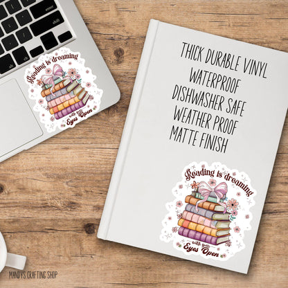 Reading Is Dreaming Sticker – Book Lover Coquette Vinyl Decal