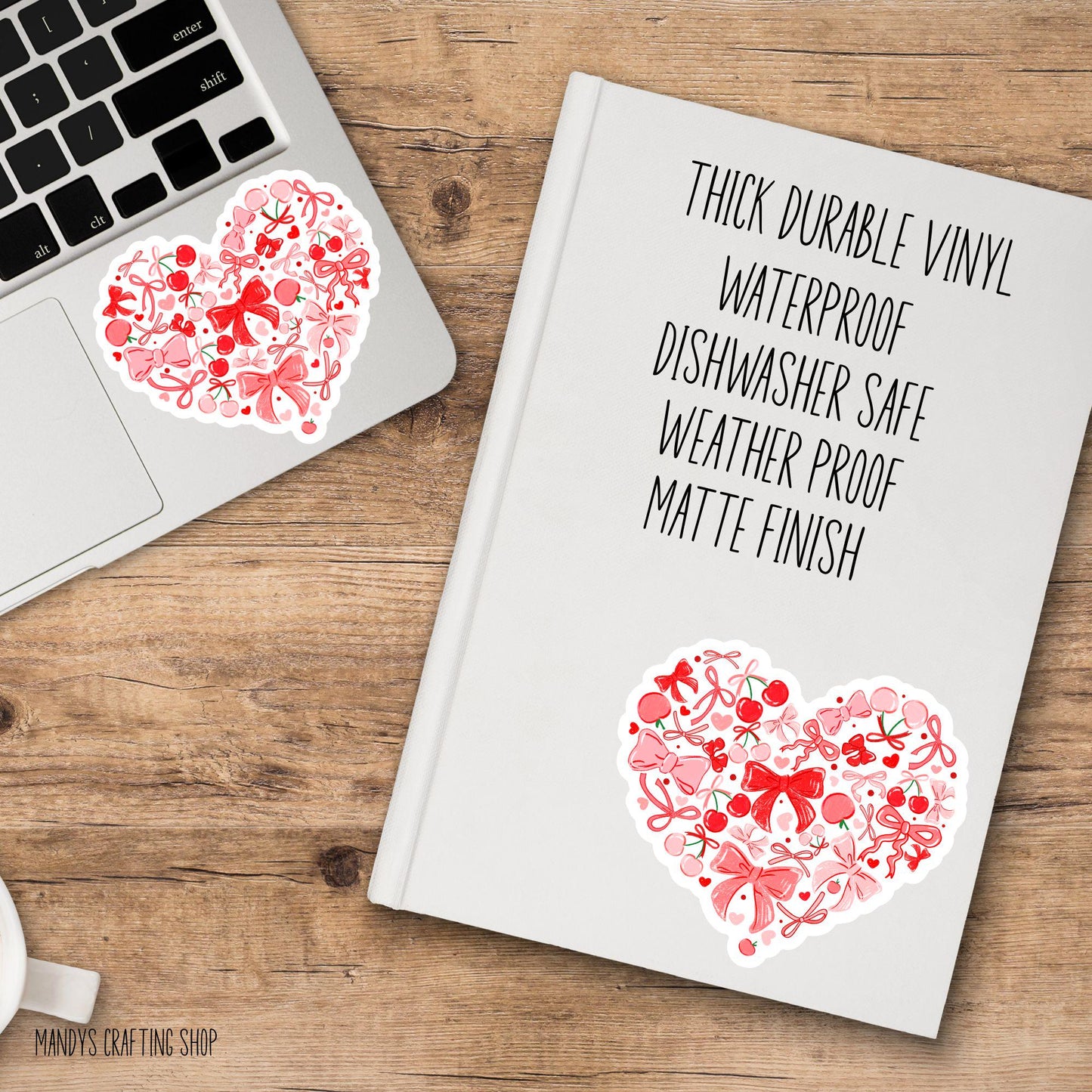Coquette Cherry Heart Sticker – Cute Girly Bow Vinyl Decal