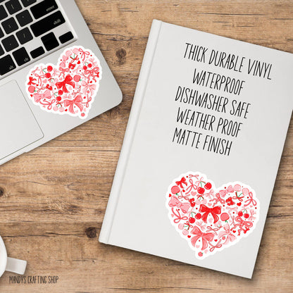 Coquette Cherry Heart Sticker – Cute Girly Bow Vinyl Decal