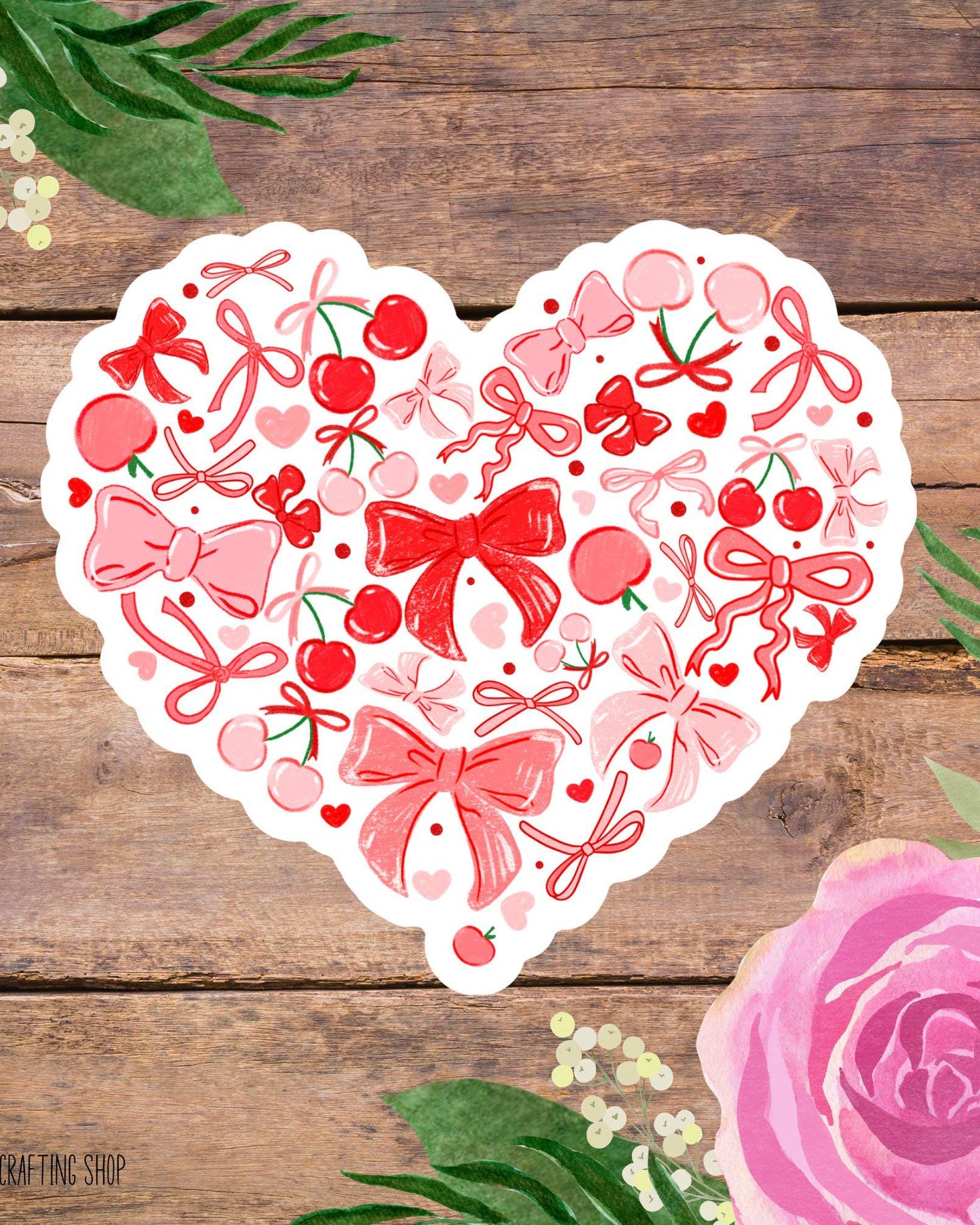Coquette Cherry Heart Sticker – Cute Girly Bow Vinyl Decal