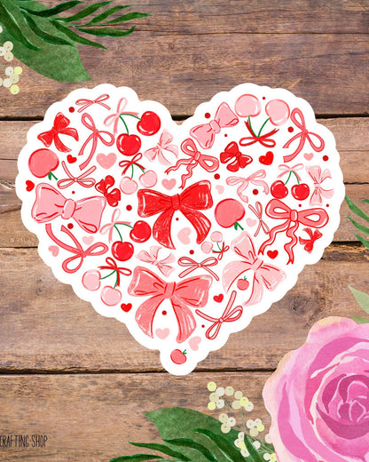 Coquette Cherry Heart Sticker – Cute Girly Bow Vinyl Decal