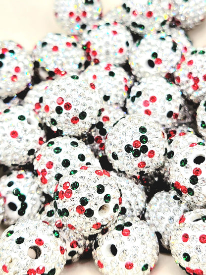 Christmas Rhinestone Beads 16mm (Set of 5) – Silver, Red & Green Sparkle Mix
