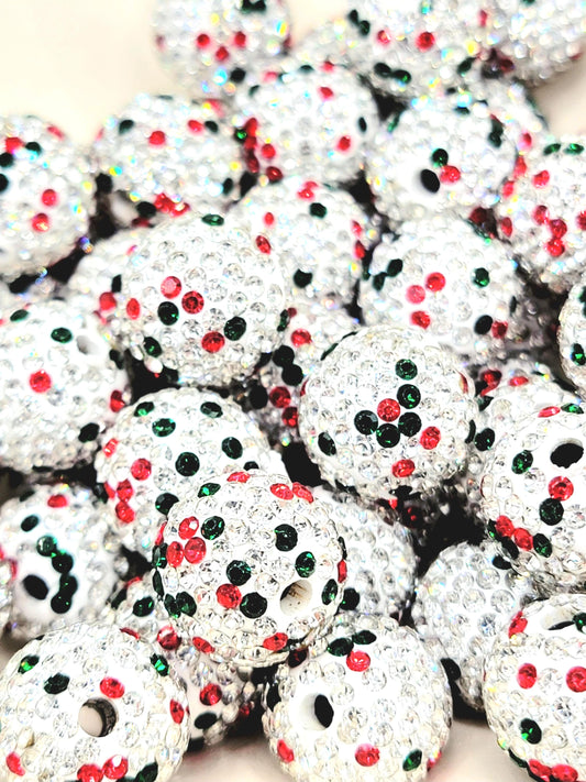 Christmas Rhinestone Beads 16mm (Set of 5) – Silver, Red & Green Sparkle Mix