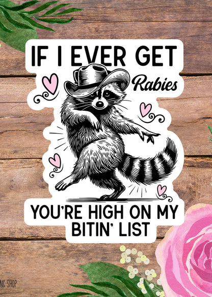 Funny Raccoon Sticker – “You’re on My Bitin List” Meme Decal