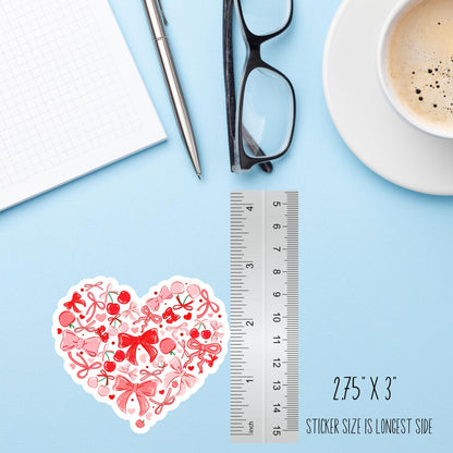 Coquette Cherry Heart Sticker – Cute Girly Bow Vinyl Decal