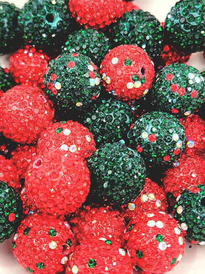 16mm Christmas Rhinestone Beads 16mm (Set of 5) – Red & Green Sparkle Mix