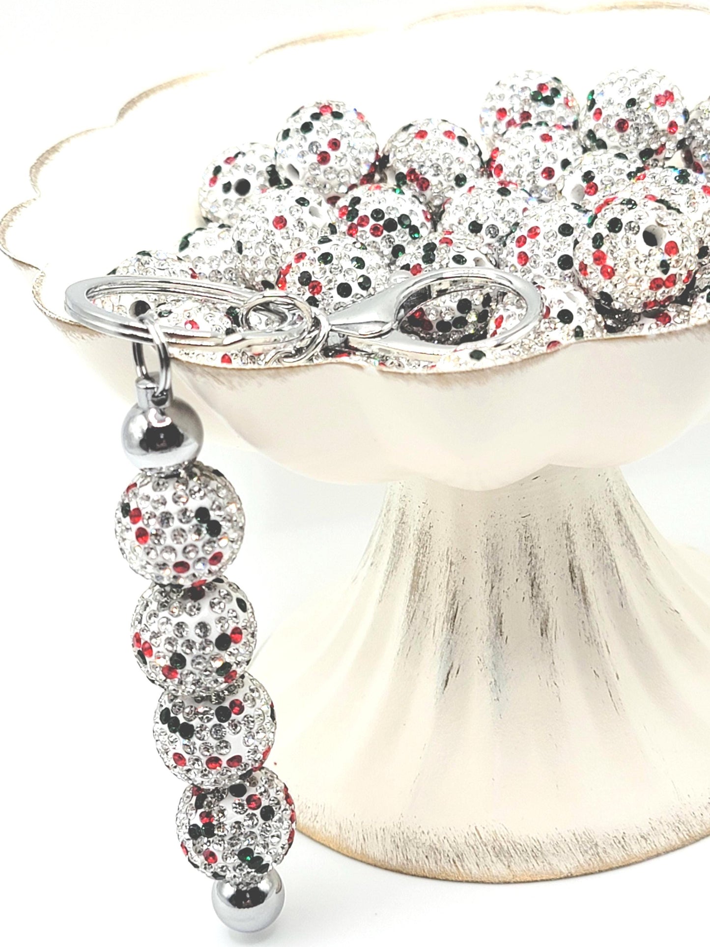 Christmas Rhinestone Beads 16mm (Set of 5) – Silver, Red & Green Sparkle Mix