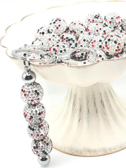 Christmas Rhinestone Beads 16mm (Set of 5) – Silver, Red & Green Sparkle Mix