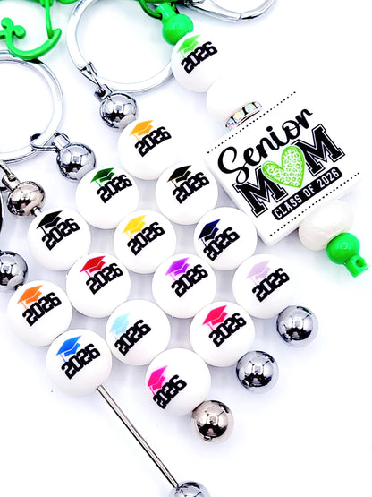15mm Printed 2026 Graduation Cap Silicone Beads – Class 2026 Round Printed Beads for Pens & Wristlets