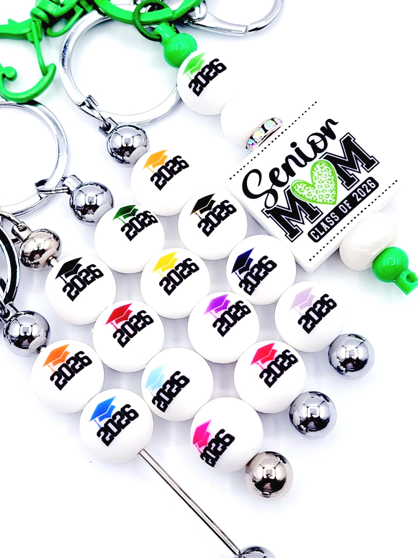 15mm Printed 2026 Graduation Cap Silicone Beads – Class 2026 Round Printed Beads for Pens & Wristlets