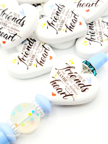 Best Friend Heart Focal Bead – “True Friends Are Never Apart” Printed Silicone Pen Bead (Set of 2)