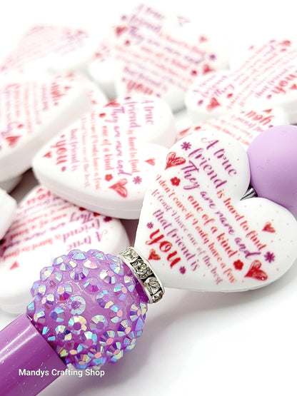 A True Friend Is Hard to Find Heart Focal Bead – Printed Silicone Friendship Pen Bead (Set of 2)