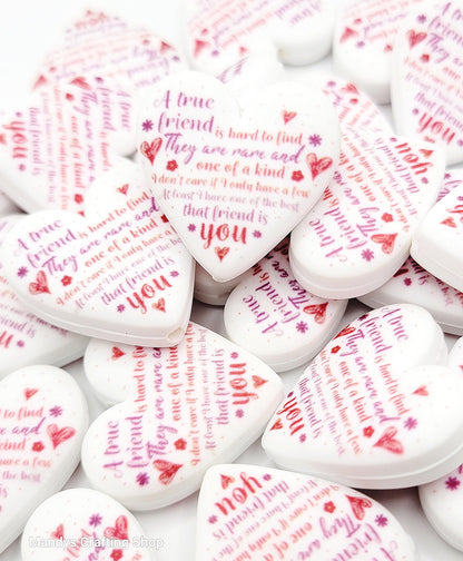 A True Friend Is Hard to Find Heart Focal Bead – Printed Silicone Friendship Pen Bead (Set of 2)