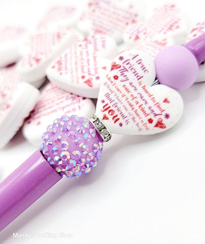 A True Friend Is Hard to Find Heart Focal Bead – Printed Silicone Friendship Pen Bead (Set of 2)