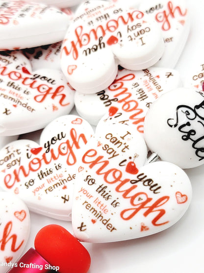SET of 2, Love You Heart Focal Print Silicone Bead, Mom Pen Bead, Valentine Heart Shape Focal Bead, DIY Pen Crafts, Printed Large Beads