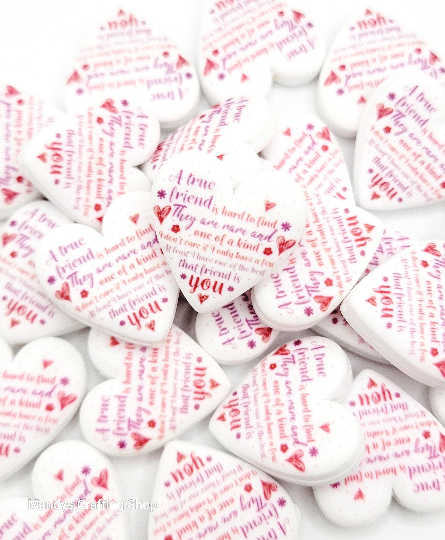 A True Friend Is Hard to Find Heart Focal Bead – Printed Silicone Friendship Pen Bead (Set of 2)