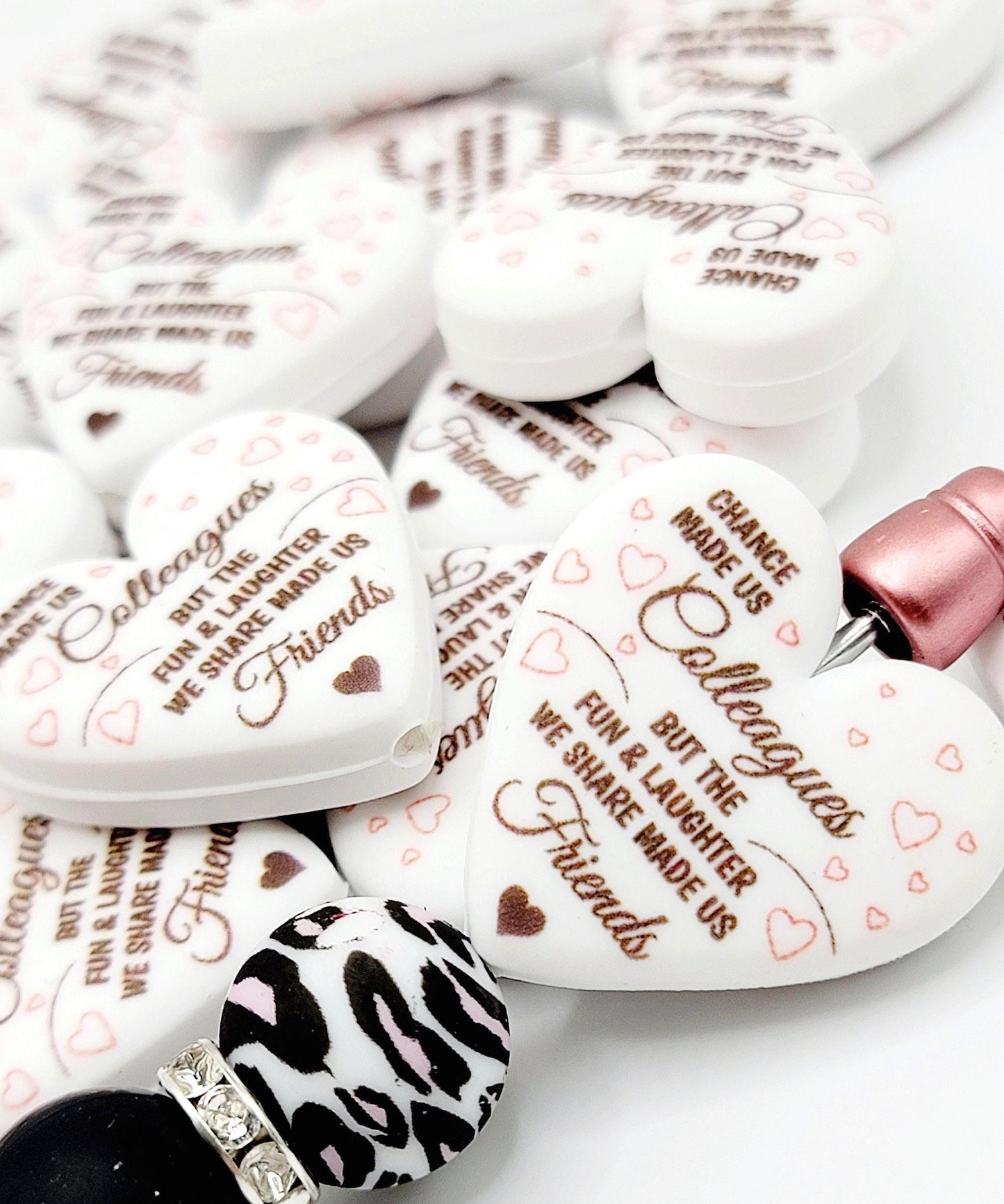 Coworker Heart Focal Bead – “Chance Made Us Colleagues” Printed Silicone Pen Bead (Set of 2)
