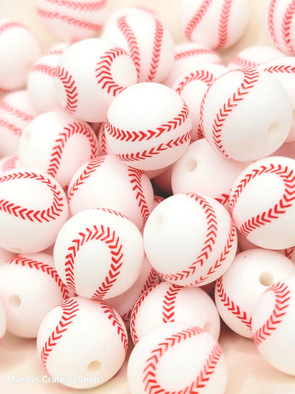 15mm Printed Baseball Silicone Round Beads – Sports Theme  Beads for Pens, Wristlets & Lanyards