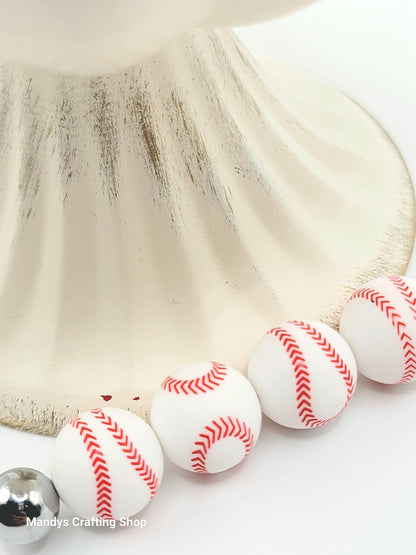 15mm Printed Baseball Silicone Round Beads – Sports Theme  Beads for Pens, Wristlets & Lanyards