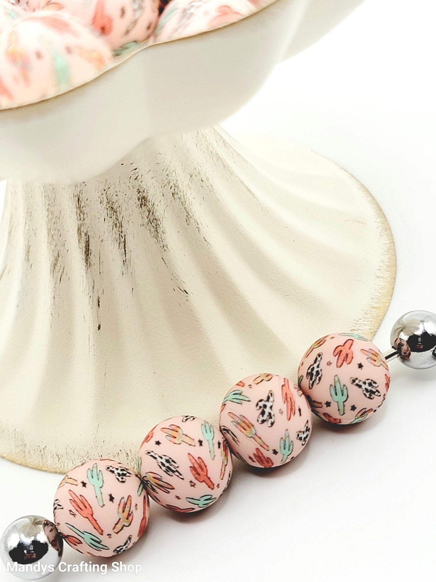 15mm Printed Desert Cactus Print Silicone Bead – Western Round Beads for Pens & Wristlets