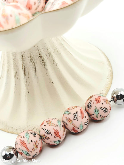 15mm Printed Desert Cactus Print Silicone Bead – Western Round Beads for Pens & Wristlets