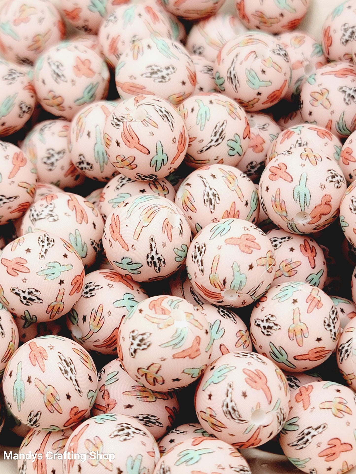 15mm Printed Desert Cactus Print Silicone Bead – Western Round Beads for Pens & Wristlets