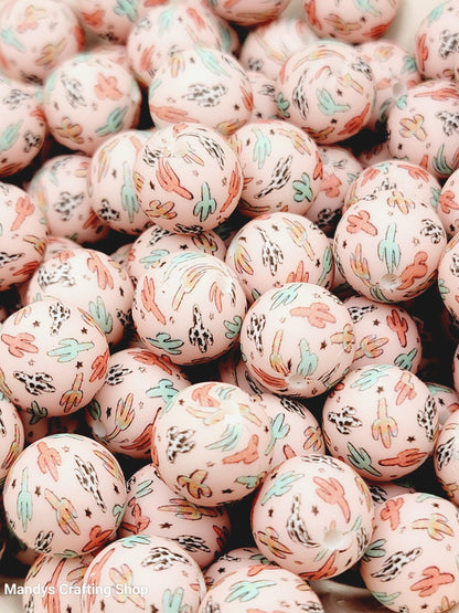 15mm Printed Desert Cactus Print Silicone Bead – Western Round Beads for Pens & Wristlets