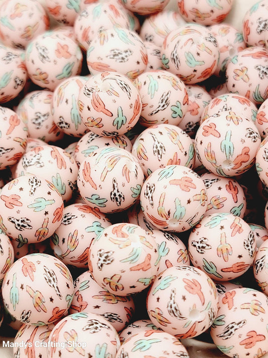15mm Printed Desert Cactus Print Silicone Bead – Western Round Beads for Pens & Wristlets
