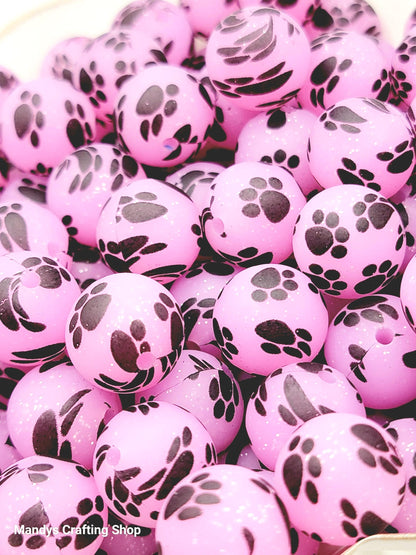 15mm Printed Pink Glitter Paw Print Silicone Bead – Round Sparkle Pet Beads for Pens & Wristlets