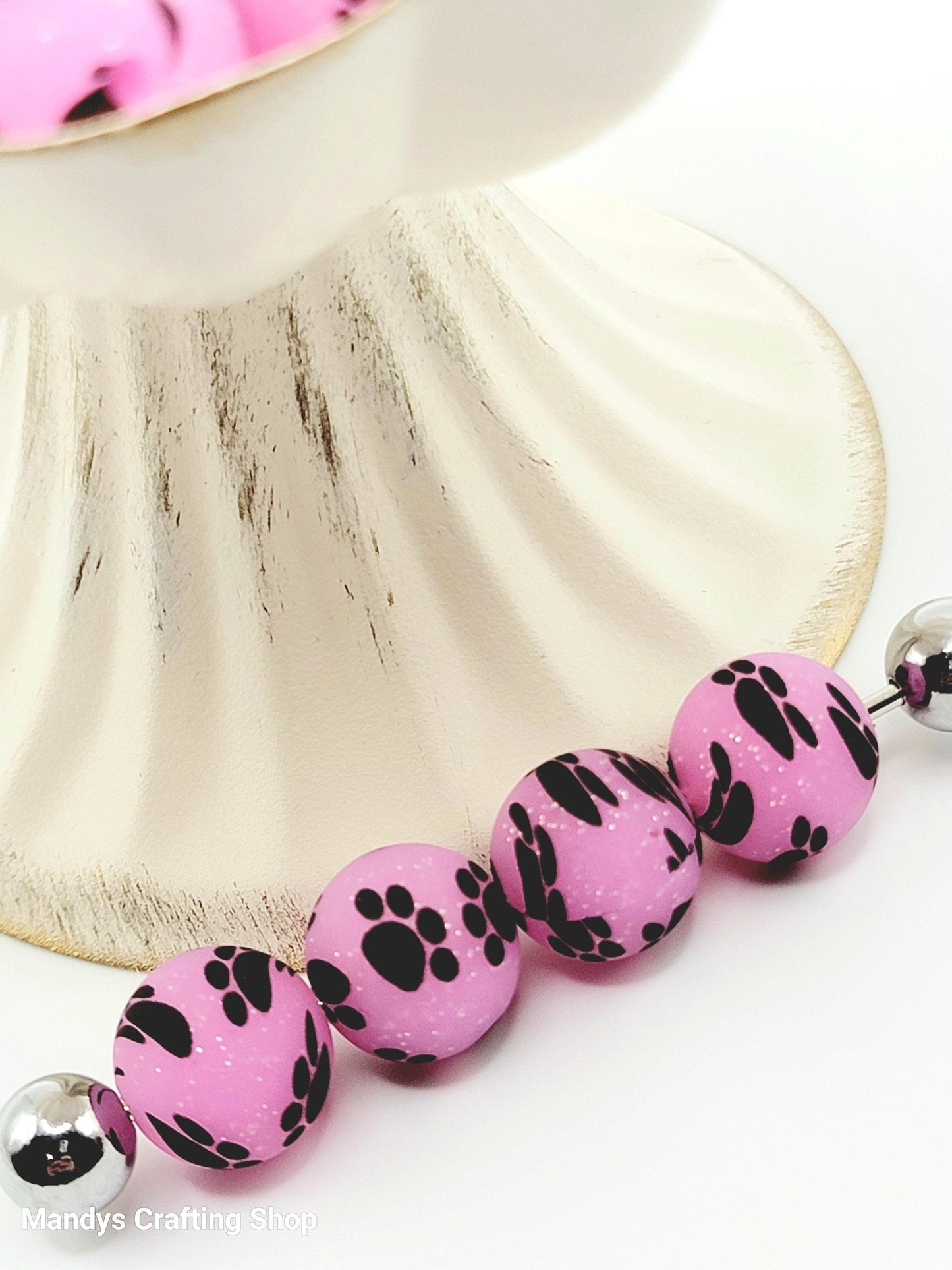 15mm Printed Pink Glitter Paw Print Silicone Bead – Round Sparkle Pet Beads for Pens & Wristlets