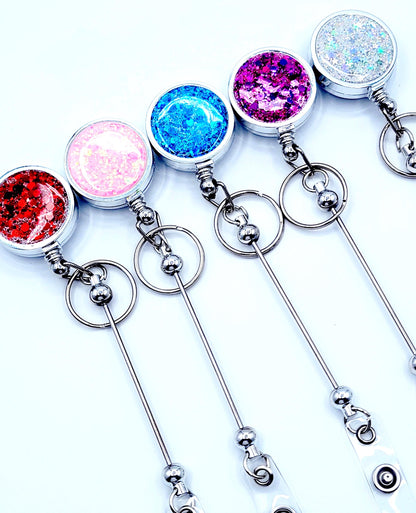 Beadable Glitter Retractable Badge Reel Bar – DIY Badge Reel & Keychain Blank with Clip