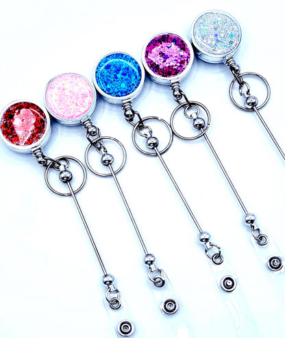 Beadable Glitter Retractable Badge Reel Bar – DIY Badge Reel & Keychain Blank with Clip