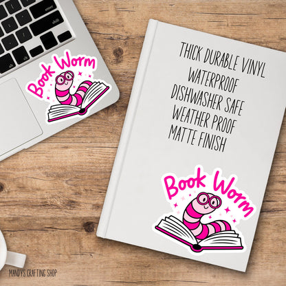 Book Worm Sticker, Funny Book Lover Waterproof Vinyl Decal, Laptop Decal, Gifts For Readers, Funny Kindle Sticker, Large Waterproof Stickers