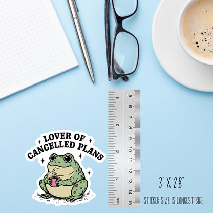Lover of Cancelled Plans Frog Sticker, Funny Introvert Vinyl Decal