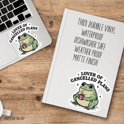 Lover of Cancelled Plans Frog Sticker, Funny Introvert Vinyl Decal
