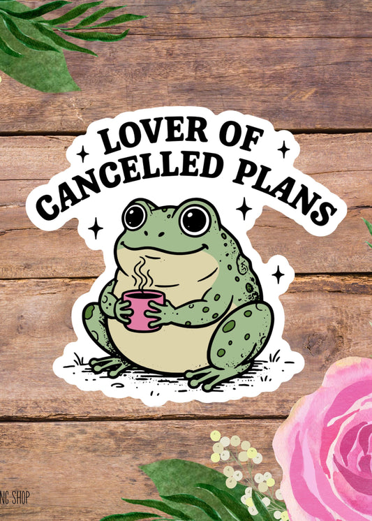 Lover of Cancelled Plans Frog Sticker, Funny Introvert Vinyl Decal