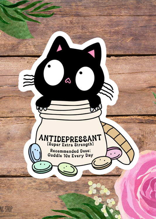 Cat Antidepressant Sticker, Funny Cat Lover Vinyl Decal, Anxiety Cat Lover Sticker