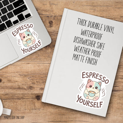 Funny Cat Water Bottle Sticker, Espresso Yourself, Sarcastic Coffee Lover Gift