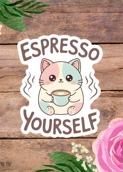 Funny Cat Water Bottle Sticker, Espresso Yourself, Sarcastic Coffee Lover Gift