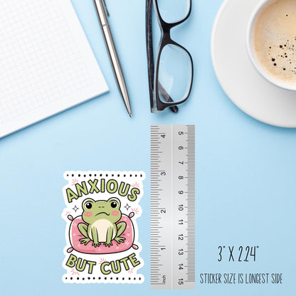 Anxious But Cute Frog Sticker – Funny Anxiety Frog Vinyl Decal