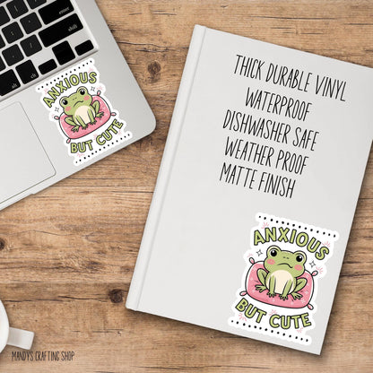 Anxious But Cute Frog Sticker – Funny Anxiety Frog Vinyl Decal