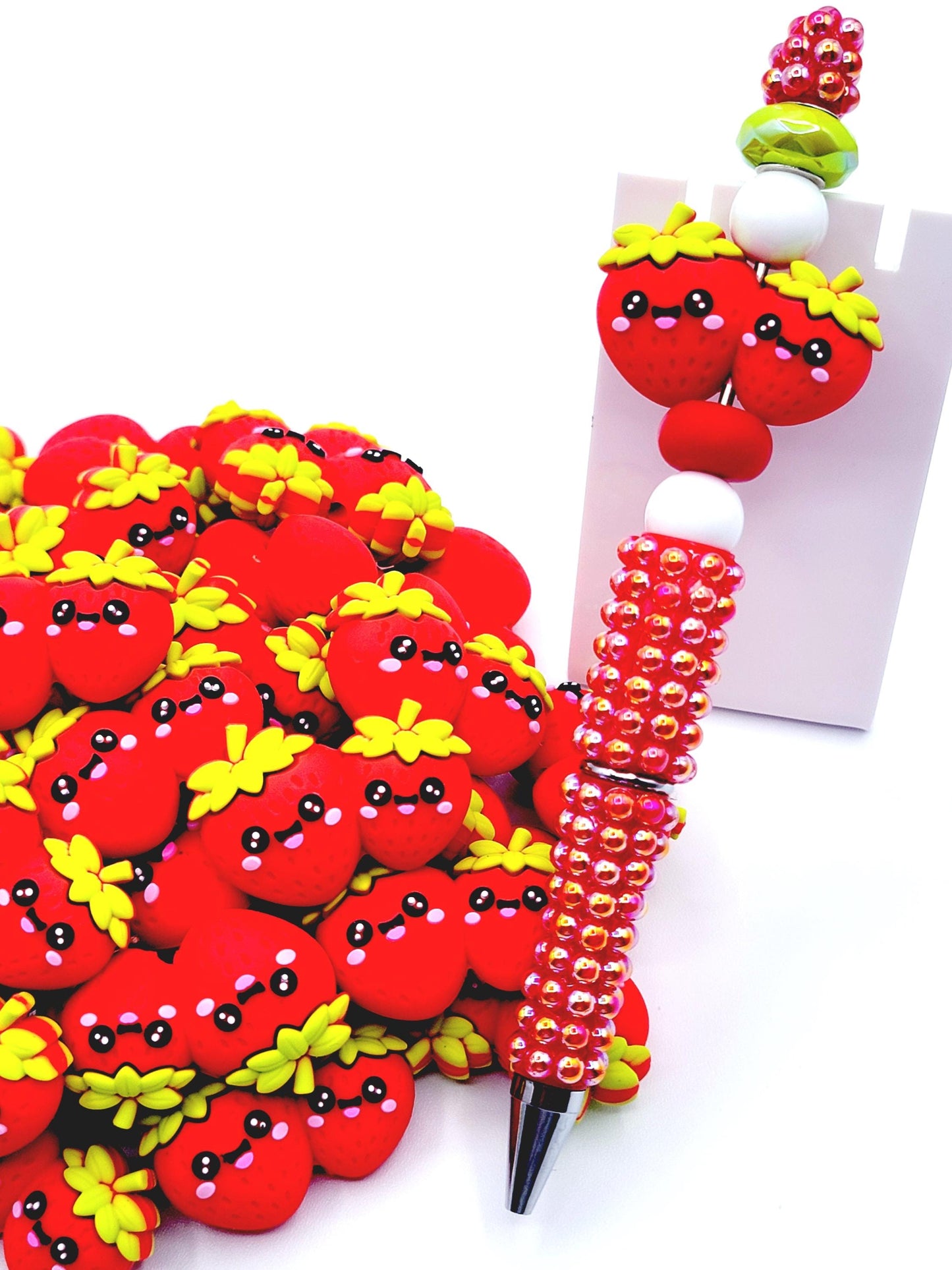 Kawaii Strawberry Buddies Focal Beads, Cute Fruit Silicone Beads for Pens & Crafts, (Set of 2)