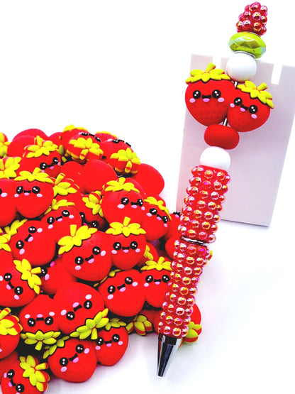 Kawaii Strawberry Buddies Focal Beads, Cute Fruit Silicone Beads for Pens & Crafts, (Set of 2)