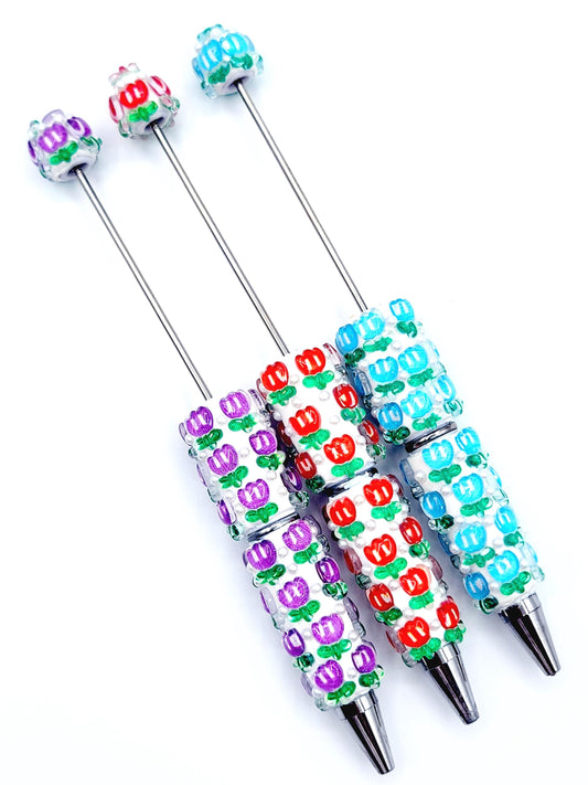 Tulip Flower Accents Beadable Clay Pen – DIY Pen with Flowers and Pearls For Beads