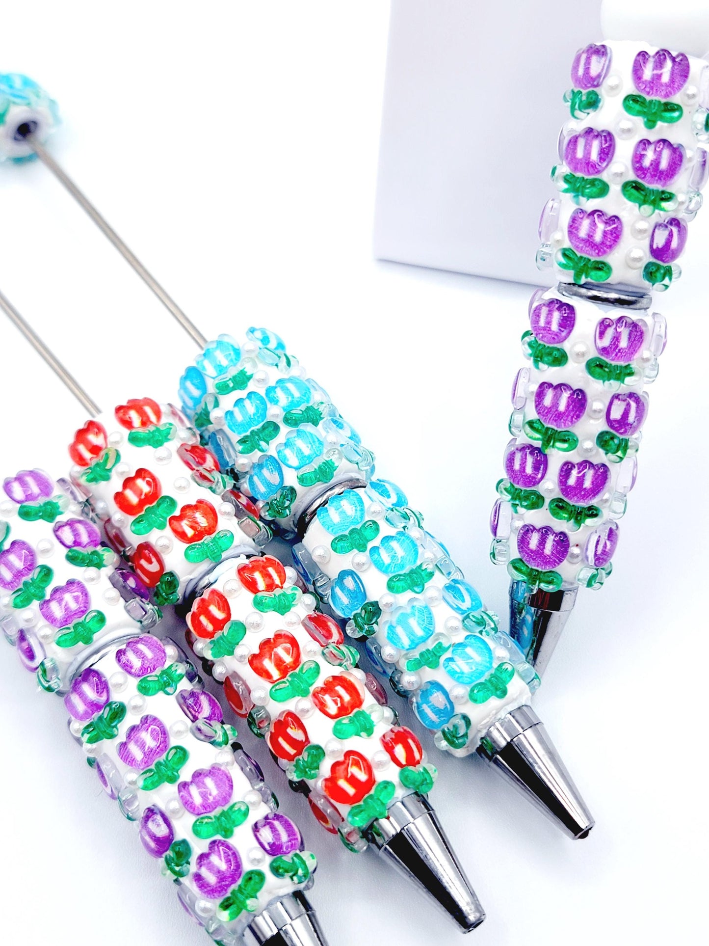 Tulip Flower Accents Beadable Clay Pen – DIY Pen with Flowers and Pearls For Beads
