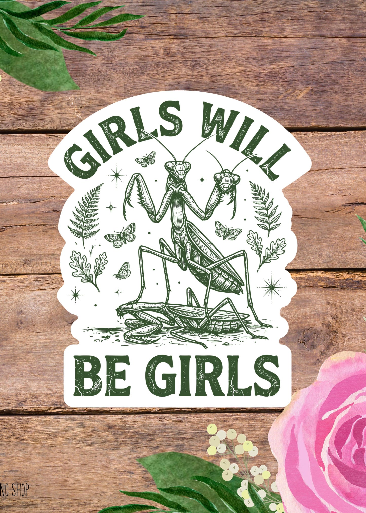 Girls Will Be Girls Praying Mantis Sticker, Feminist Insect Lover Vinyl Decal