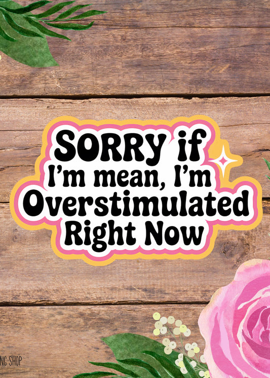 Sorry If I'm Mean I'm Overstimulated Sticker, Funny Anti-Social Meme Laptop Decal, Sticker For Water Bottle, Planner, Kindle