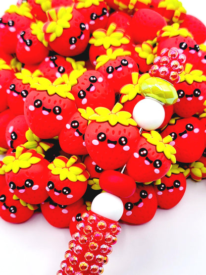 Kawaii Strawberry Buddies Focal Beads, Cute Fruit Silicone Beads for Pens & Crafts, (Set of 2)